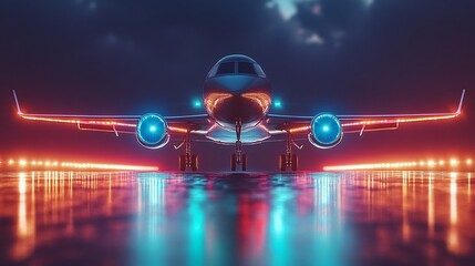 Fototapeta premium futuristic airplane with neon runway lights at night