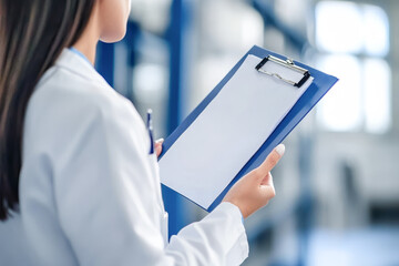 Female doctor holding blank clipboard in hospital setting