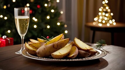 A plate of golden potatoes accompanied by a sparkling glass of champagne elegantly placed on a dining table