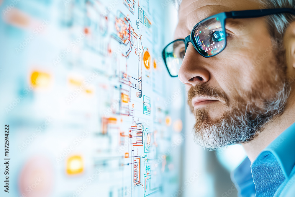 Poster a professional examines intricate data visualizations displayed on a transparent screen in a bright 