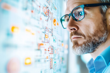 A professional examines intricate data visualizations displayed on a transparent screen in a bright workspace