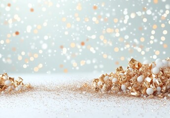 Gold glitter and white spheres on surface with bokeh lights, festive holiday decoration