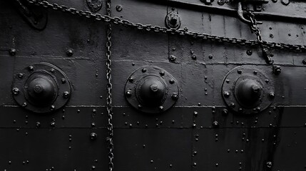 Naklejka premium Close-up of a black metal surface with rivets and chains, likely from a ship.