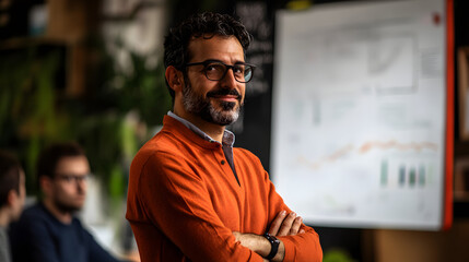 Confident businessman smiling at camera with arms crossed, standing in office with colleagues in the background.