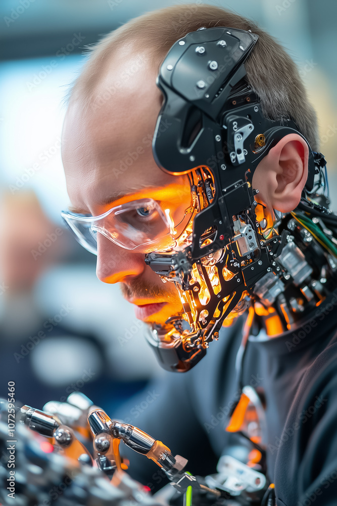 Poster a person equipped with a robotic face examines complex machinery in a modern laboratory setting
