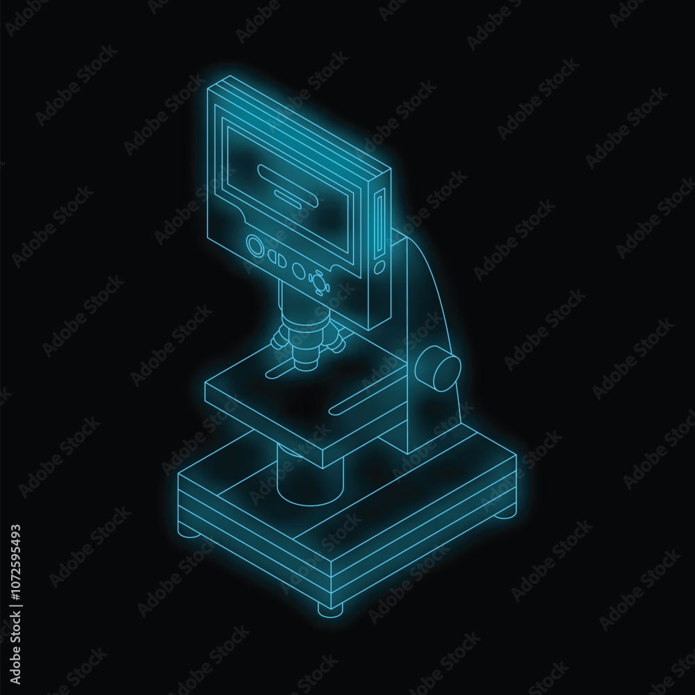 Poster modern digital microscope with a screen displaying analysis results, illuminated in a vibrant neon l