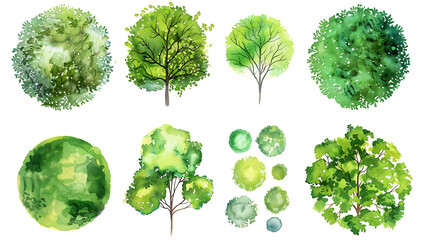 Set of abstract watercolor green tree top view isolated on white background for landscape plan and architecture layout drawing,elements for environment and garden close up