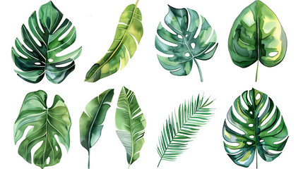 A set of large green leaves illustrations. Vectorized gouache illustrations. Exotic tropical leaves isolated on white background. Collection of isolates for labels, prints, banners