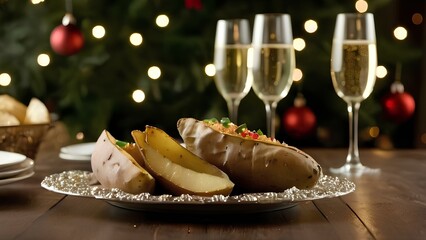 A plate of golden potatoes accompanied by a sparkling glass of champagne elegantly placed on a dining table