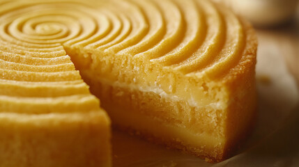 Fototapeta premium Golden Baumkuchen cut into slices soft and layered