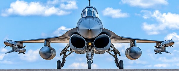 A military jet positioned on a runway, showcasing its powerful engines and weaponry.