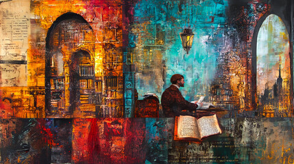 Scholar in Ancient Library: Mixed Media Painting, Historical Setting, Rich Colors, Surrealism