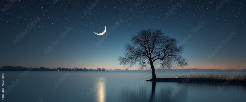 Poster a lone tree stands silhouetted against a tranquil lake under a crescent moon and starry sky.
