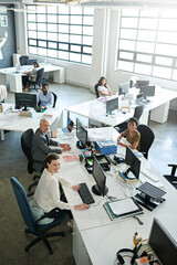 Happy, above and business people in office, computer and teamwork with news room. Portrait, group...