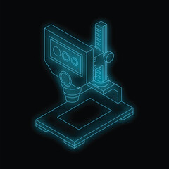 Microscope standing on a black surface with blue neon glowing lines