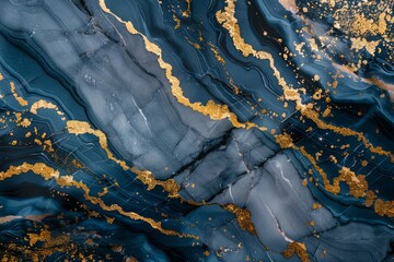 Fototapeta premium Navy blue dark marble pattern with golden veins. Detailed photo textured background