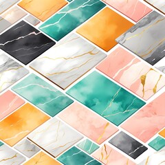 Abstract geometric pattern with colorful marble textures and gold accents