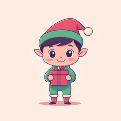 Adorable cartoon elf character in a festive outfit holding a wrapped gift. Perfect for holiday themes, Christmas cards, and festive decorations. Conveying joy and the spirit of giving
