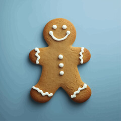 Smiling Gingerbread Cookie Against a Soft Blue Background - Perfect for holiday, Christmas, and baking themes, evoking warmth, joy, and festive cheer.