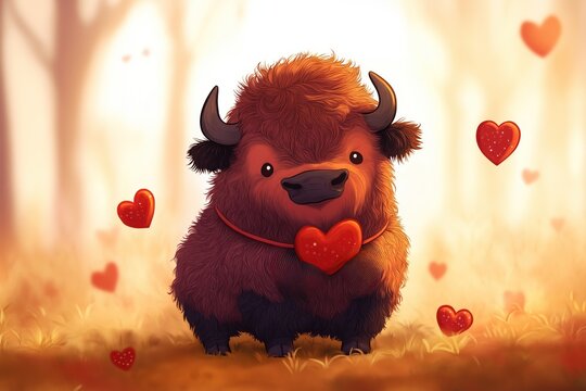 Cute bison stands in forest on Valentines Day. Bison wears red heart around neck, surrounded by red hearts. Bison smiling, looks happy. Illustration perfect for Valentine Day cards, greetings,