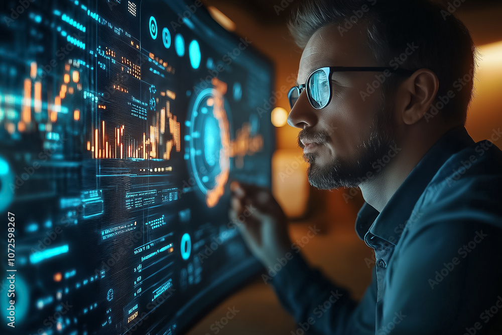 Poster an individual engages with intricate data visualizations on a large digital screen in a contemporary