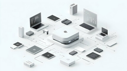 Minimalist 3D Rendering of EDR Cybersecurity System &ndash; Central Security Hub Monitoring and Protecting Modern Devices with Real-Time Data Stream