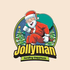 Vector Illustration of Santa Brings A Sack Of Gifts Riding A Skateboard with Retro Mascot Illustration Available for Logo Badge