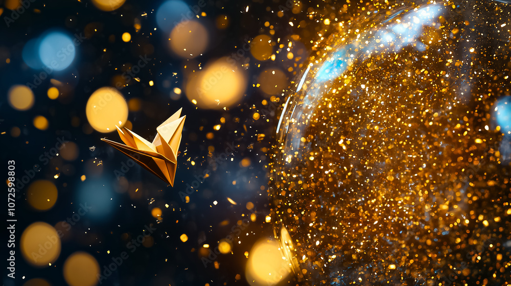 Poster an origami heart floats through golden particles, sparking wonder and creativity in a dark setting