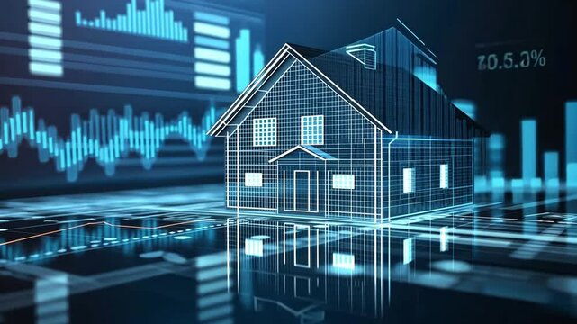 A Wireframe Model of a House with Charts in the Background