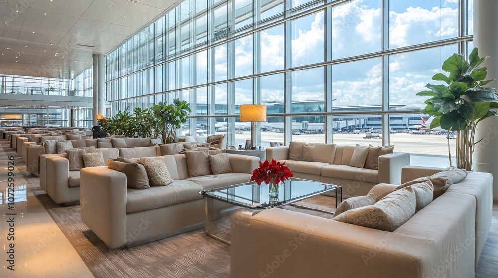 Poster a modern airport lounge with comfortable sofas and large windows overlooking the runway.