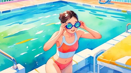 Vibrant summer fun: woman in sunglasses enjoying pool time