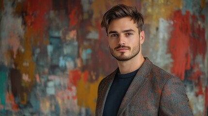 Fototapeta premium Stylish Young Man Posing Against a Colorful Abstract Background in a Modern Setting