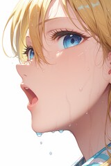 Sweaty anime girl blonde hair blue eyes open mouth in striped shirt with intense gaze close-up portrait side view