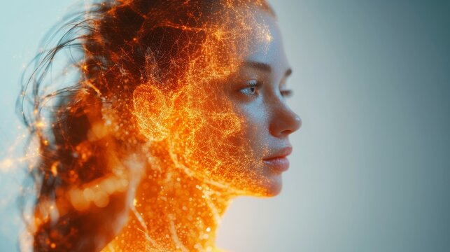 3D graphic woman friendly, dna stand, science visual of human body, orange hue