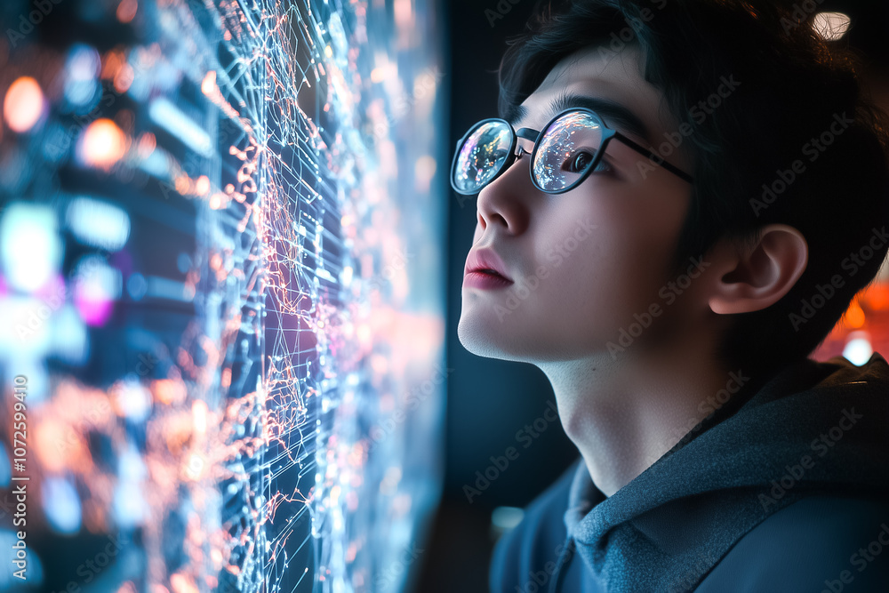 Poster a person closely analyzes a colorful digital display of complex data connections at a tech exhibitio