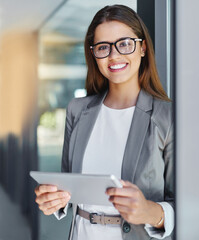 Portrait, smile or businesswoman with tablet for confidence, research and news with digital...