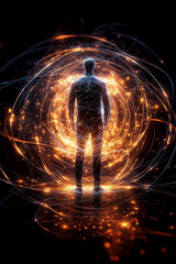 A lone figure gazes at illuminated particles and energy, representing imagination and the pursuit of knowledge