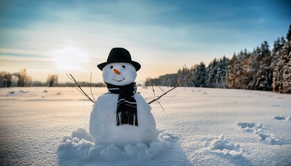 Fototapeta premium funny snowman in stylish black hat and black scarf on snowy field merry christmas and happy new year