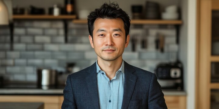 Confident Asian Man in Modern Kitchen Setting, Perfect for Lifestyle and Business Themes