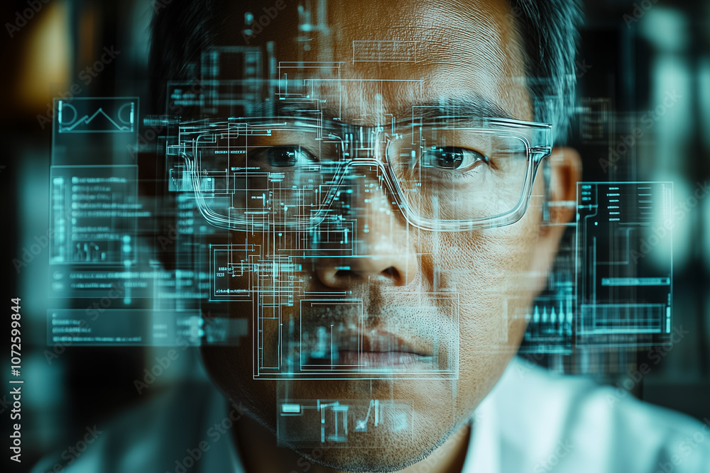 Poster an individual intensely studies complex data and analytics on translucent screens in an office setti