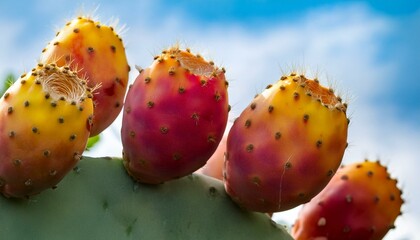 closeup of ripe prickly pear cactus fruits with vibrant red and yellow hues against green cactus pads