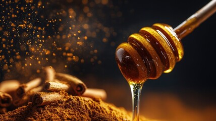 Honey dipper drizzling honey over cinnamon sticks surrounded by loose on dark background