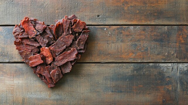 Heart-shaped beef jerky on rustic wooden surface