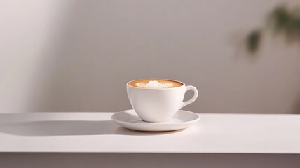 Fototapeta premium Cup of cappuccino with latte art on white table in minimalist setting