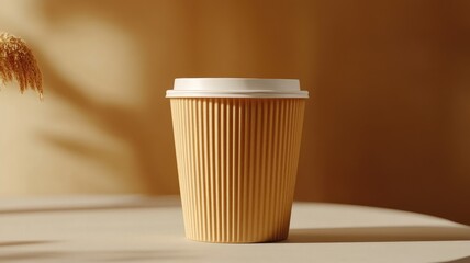 Rippled paper coffee cup with white lid on table warm, soft lighting