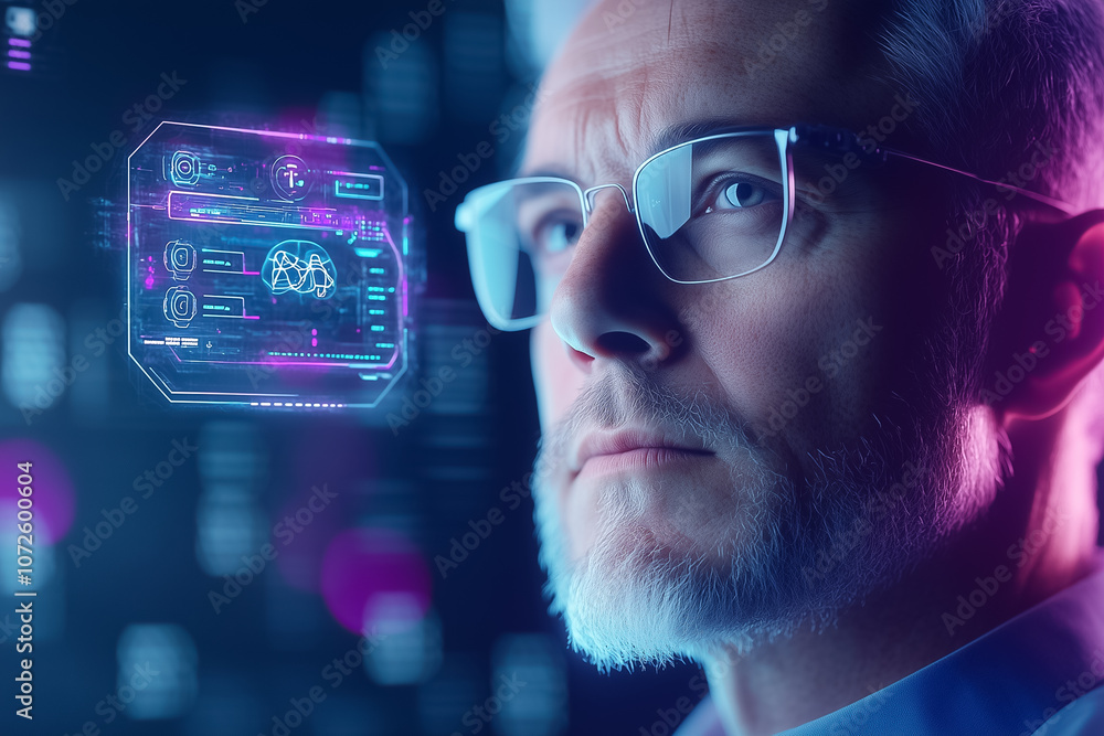 Poster a man examines digital displays of complex data visualizations while working late in a high-tech env