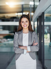 Business woman, happy and portrait with arms crossed of law clerk and lawyer admin intern at job....