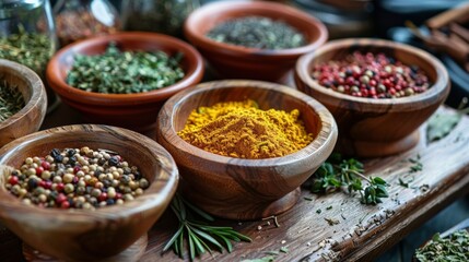 Assorted spices in wooden bowls on rustic background
