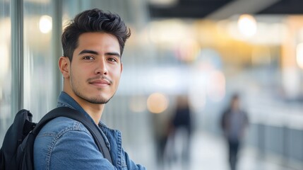 Fototapeta premium Confident Young Man Smiling in Urban Environment with Blurred Background