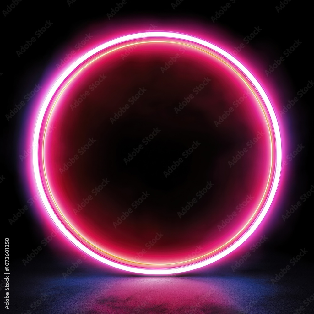 Poster bright neon circle frame on dark background. glowing ring with gradient color. abstract modern desig